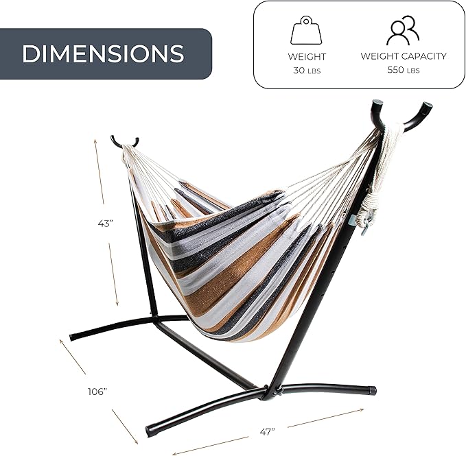 Backyard Expressions Double Camping Hammock with Steel Stand &amp Carrying Bag Adjustable Height Ultra Soft Cotton Blend 550 lb Capacity Indoor &amp Outdoor Portable Hammock
