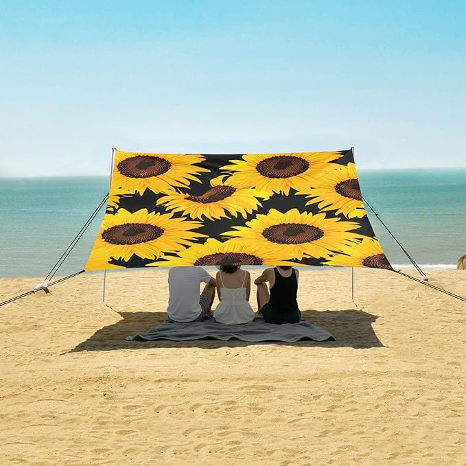 Beach Canopy with Windproof Ropes &amp Sandbags Beach Tent Sun Shade Sun Shelter for Camping Trips Fishing Backyard Fun or Picnics Sunflower