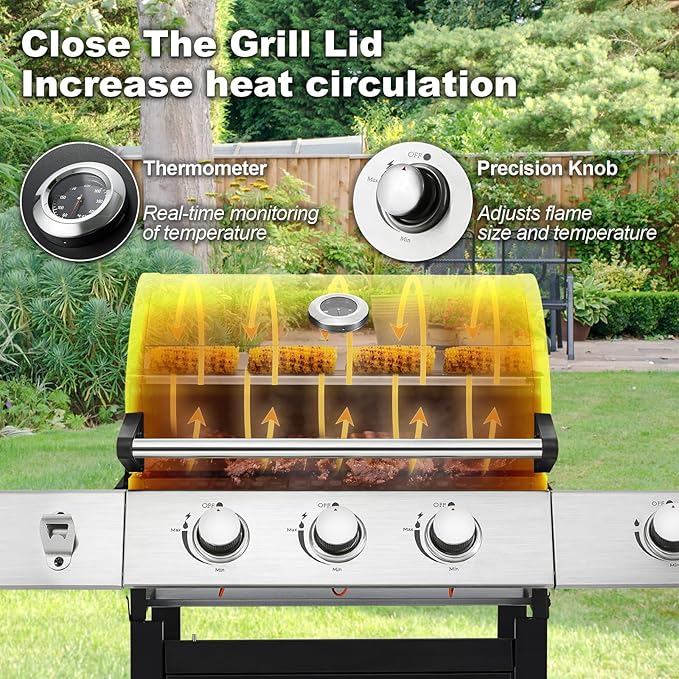MELLCOM Upgraded 36000 BTU Stainless Steel Burner Barbecue Grill 3 Burner BBQ Propane Gas Grill with Cast Iron Grates &amp Side Stove for Patio Camping Outdoor Cooking