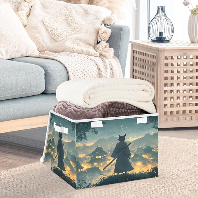 AIXIWAWA Lidded Storage Cube (Samurai Cat) Fabric Foldable Closet Bins with Flip Lid and Handles Organizer Basket Container 16.5 x 12.6 x 11.8 IN