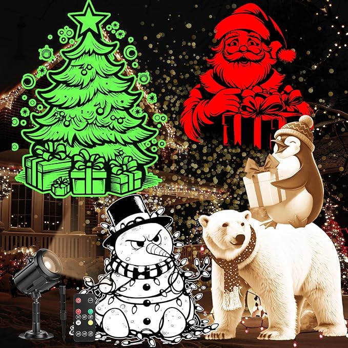 12 in 1 Christmas Projector Light Outdoor HD Dynamic Christmas Projector Decoration Light with 4 Color Waterproof Christmas Projector with Joy Santa Snowman Christmas Tree for Holiday Decor