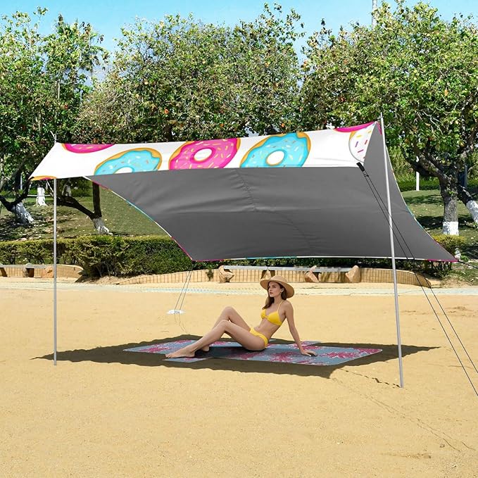 Beach Canopy with Windproof Ropes &amp Sandbags Beach Tent Sun Shade Sun Shelter for Camping Trips Fishing Backyard Fun or Picnics Donuts