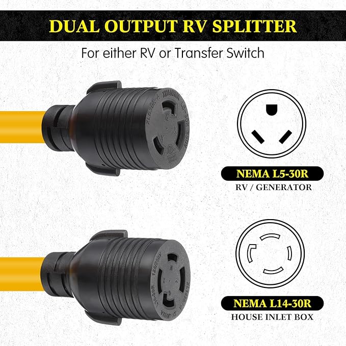 Kanayu TT-30P to L5-30R &amp L14-30R 30 Amp RV Generator Adapter Cord Compatible with NEMA 30 Amp Generator to EV/RV Charging and House Inlet Box 8/2+10/2 STW AWG ETL Listed 2.5 ft
