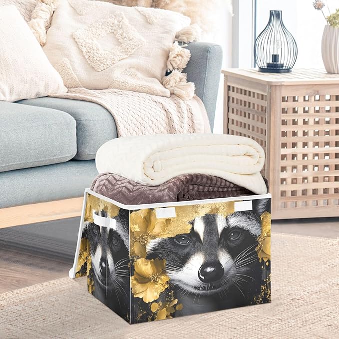 AIXIWAWA Lidded Storage Cube (Gold Floral Raccoon) Fabric Foldable Closet Bins with Flip Lid and Handles Organizer Basket Container 16.5 x 12.6 x 11.8 IN