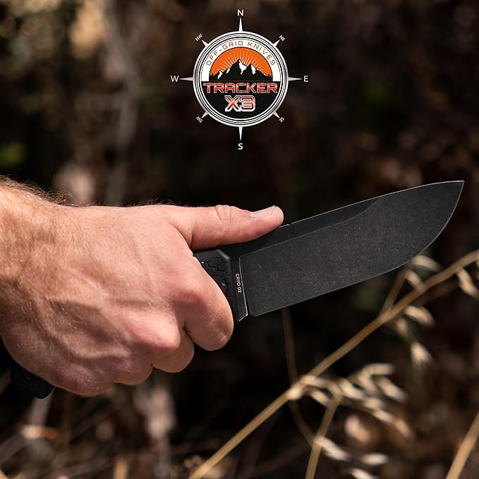 Off-Grid Knives - TRACKER-X3 Fixed Blade Knife Cryo D2 Blade Steel G10 Scales Kydex Sheath OG Lo-Pro Belt Attachment Camping Bushcraft Hunting Survival (Blackout)