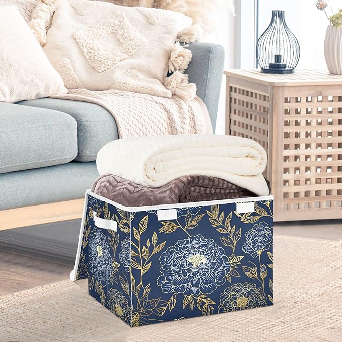 susiyo Large Foldable Storage Bin with Flip-Top Lid Dark Blue Gold Marigold Storage Box Collapsible Closet Organizer Containers Boxes Decorative Baskets with Handles for Home Bedroom Living Room Offi