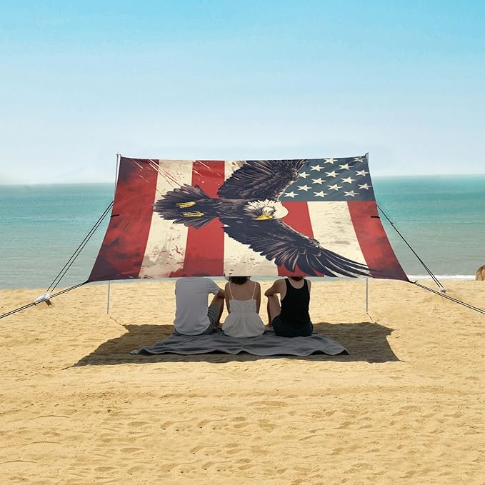 ALAZA American Flag Eagle Flying Beach Tent Sun Shelter UPF50+ Protection Beach Shade Canopy w/ 4 Sandbags for Outdoor Camping Fishing Backyard Fun Picnic 10x9 ft