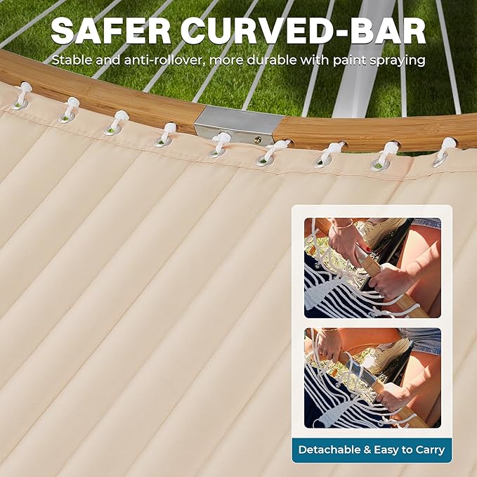 SUPERJARE Hammock with Stand 2 Person Heavy Duty Hammock with Padded Cotton Detachable Pillow &amp Strong Curved-Bar &amp Portable Carrying Bag Perfect for Outdoor &amp Indoor Beige