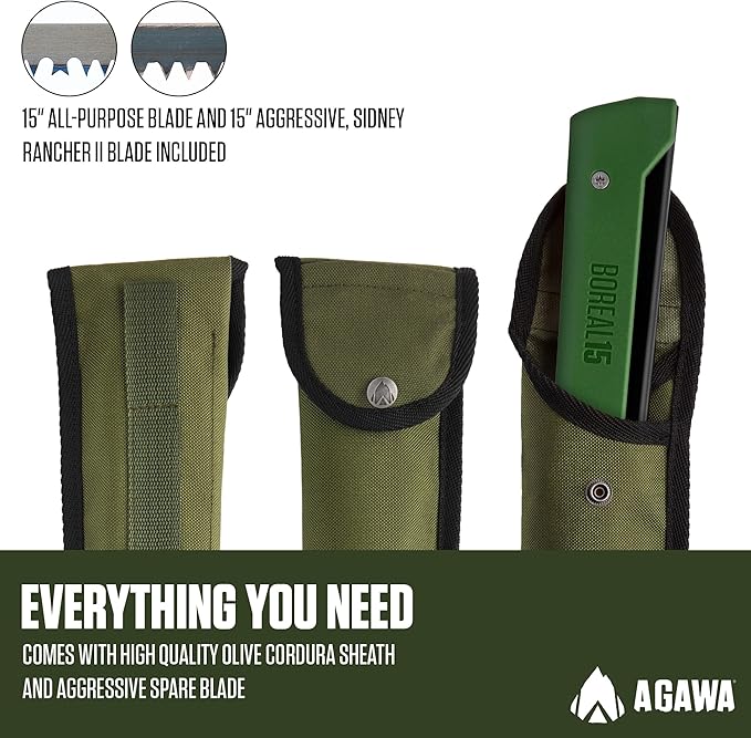 AGAWA - BOREAL15 Tripper Kit - Includes 15 Folding Saw Nylon Carrying Case 15 All-Purpose &amp 15 Aggressive Blade - For Camping Hiking &amp Survival Gear (Black Frame/Green Handle)