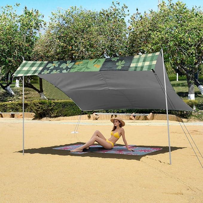 St Patrick's Green Plaid Beach Tent Sun Shelter Set UPF50+ UV Protection 10.5 x 9.19 FT Camping Shade Canopy with Sandbags Sand Anchors Carrying Bag and Others