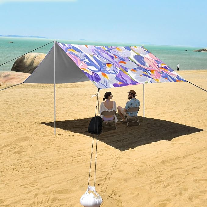 ALAZA Pink &amp Blue Iris Flower Beach Tent Sun Shelter UPF50+ Protection Beach Shade Canopy w/ 4 Sandbags for Outdoor Camping Fishing Backyard Fun Picnic 10x9 ft