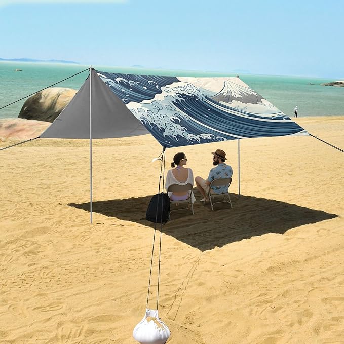 Beach Canopy with Windproof Ropes &amp Sandbags Beach Tent Sun Shade Sun Shelter for Camping Trips Fishing Backyard Fun or Picnics Waves