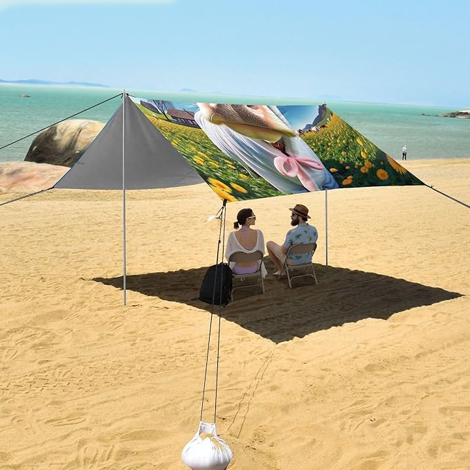 Funny Cow in Sunny Sunflowers Field Beach Tent Sun Shelter Set UPF50+ UV Protection 10.5 x 9.19 FT Camping Shade Canopy with Sandbags Sand Anchors Carrying Bag and Others