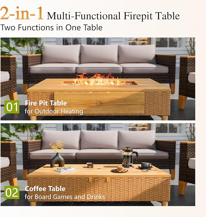 Sophia &amp William 42 Inch Outdoor Propane Gas Fire Pit Table Patio Rattan Rectangular Fire Table with Tank Cover Table 50000 BTU Firepit Table for Outside Patio with Fire Glass Lid