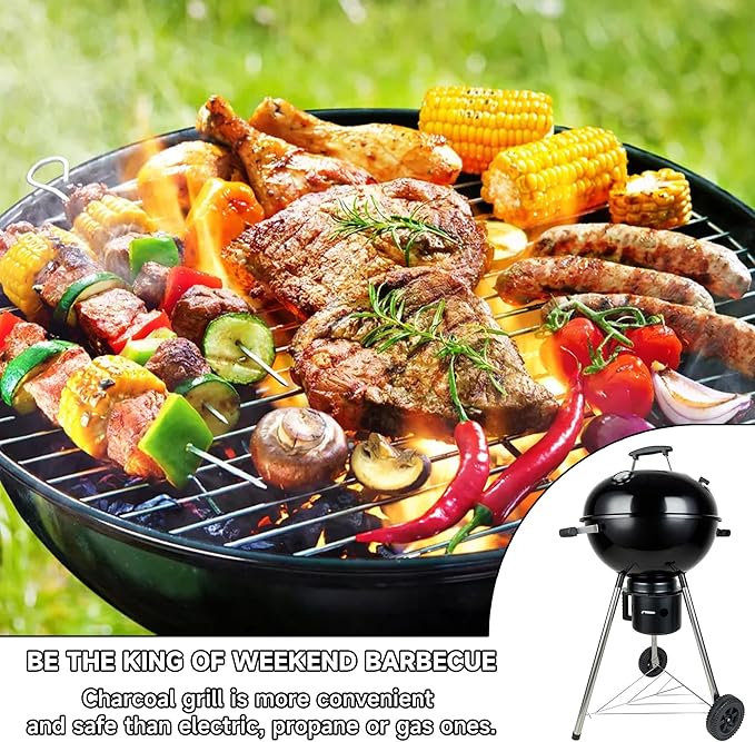 Charcoal Grills 18 inches Kettle Grill with Lid&ampLarge Ash CollectorOutdoor Barbecue Grill for Camping/Garden/Party/Poolside
