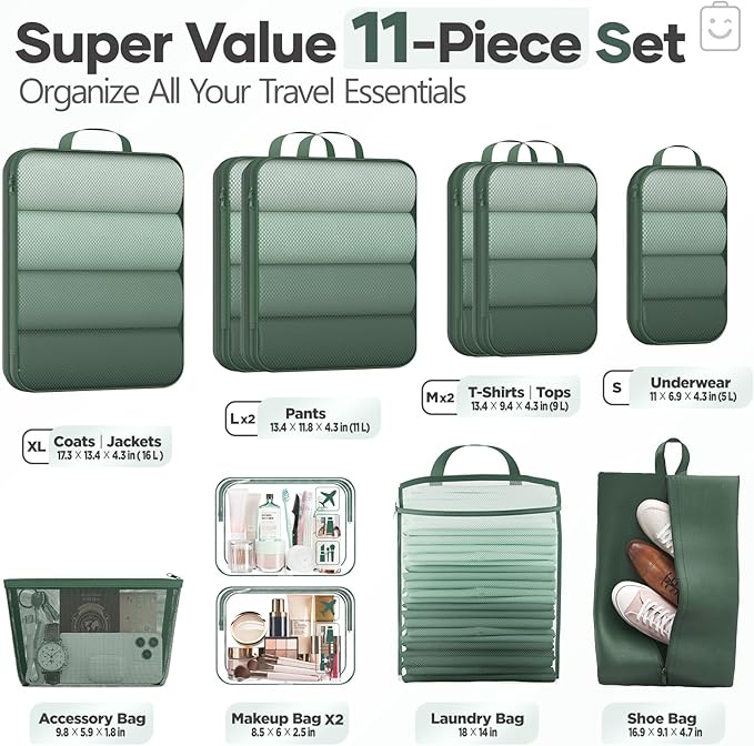 Veken 11 Set Compression Packing Cubes for Travel EssentialsCompressible Expandable Large Luggage Suitcase Organizer Bags for ClothingDurable Space Saver Storage Bags with Toiletry Bags(Dark Green)