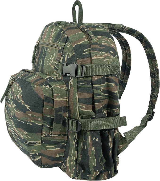 Rothco Vintage Canvas Compact Backpack – Rugged Everyday Carry Travel Storage Bag Tiger Stripe Camo