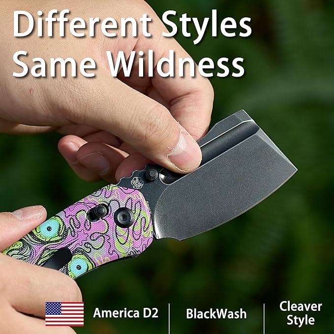 KANSEPT Korvid V Pocket Knife 2.91'' America Blackwash D2 Blade Jade G10 with Purple Undead Print Handle Thumb Stud with Crossbar Lock Double Sided Clip for EDC Camping Folding Knives TE2030V5