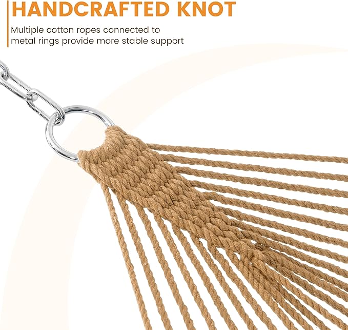 Lazy Daze Hammocks Double Rope Hammock 2 Person Traditional Outdoor Hand Woven Cotton Rope Hammock with Spreader Bar Carabiners Tree Straps Chains for Patio Yard - Max 450 Lbs Tan