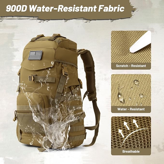 50L Tactical Backpack for Men and Women Water-Resistant Molle Rucksack Large Military Assault Pack for Hiking Hunting Camping Gym &amp Outdoor Survival Khaki
