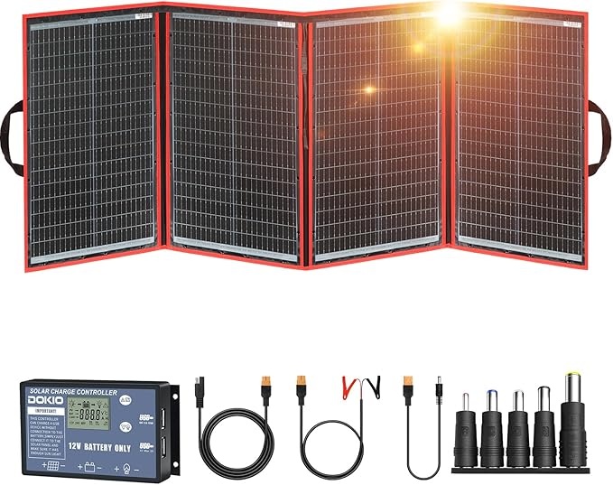 DOKIO 200W Portable Foldable Solar Panel Kit (20x27in 9.7lb) with Separate Controller and Dual USB Monocrystalline Charger for 12V Batteries &amp Power Stations RV Camping Trailer Emergency Backu