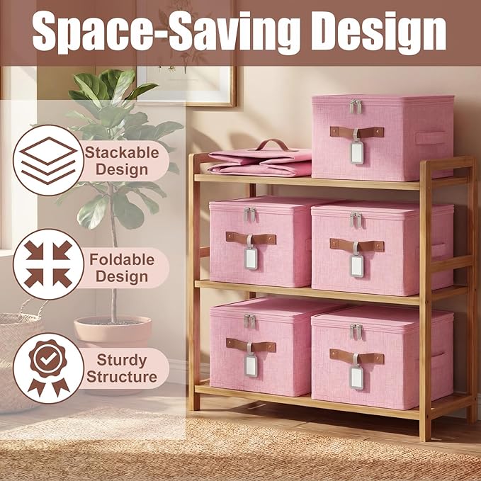 6 Pack Fabric Closet Storage Bins with Zipper Lids and Label 10×8×7In Large Size Foldable Cotton Linen Storage Cubes Boxes with PU Leather Handles Holders for Bedroom Nursery Pink