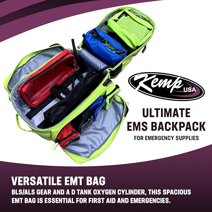 Kemp USA Ultimate EMS Backpack Neon Green Emergency Response Medical Bag Fluid Resistant Tarpaulin EMT Storage Fits BLS ALS Equipment D Tank Oxygen Cylinder Professional Field Use