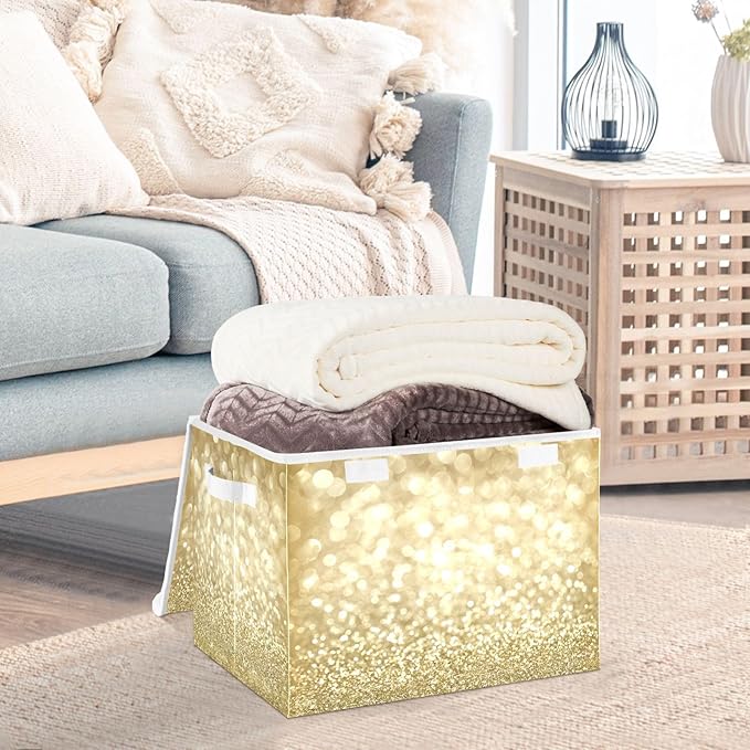 Golden Glitter Yellow Fabric Storage Boxes with Lid and Handles Foldable Storage Bins Organizers Cube Basket for Closet Home Office 1 Pc