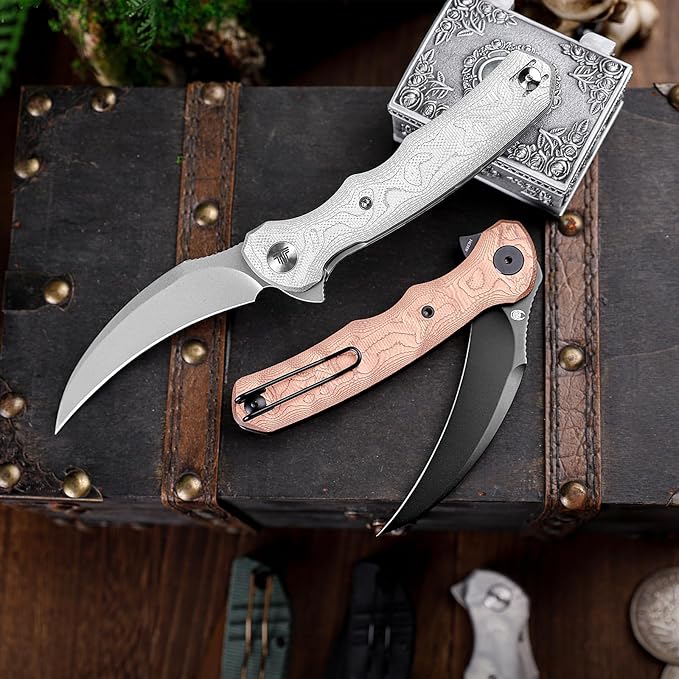 TRIVISA EDC Pocket Pikal Knife for Men Hawkbill Folding Flipper Knife with Clip3.34 14C28N Steel BladeCopper Foil HandleOutdoor Camping Lacerta-CU