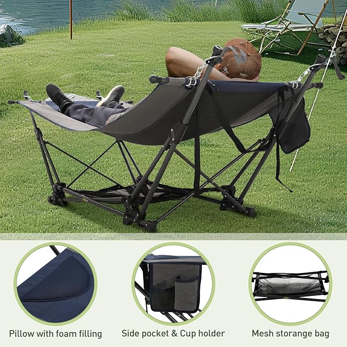ALPHA CAMP Portable Hammock Bed with Stand Foldable Lounge Camping Bed for Patio Backyard Garden Poolside Beach Lawn Porch Include Pillow Storage Net Side Pocket with Cup Holder