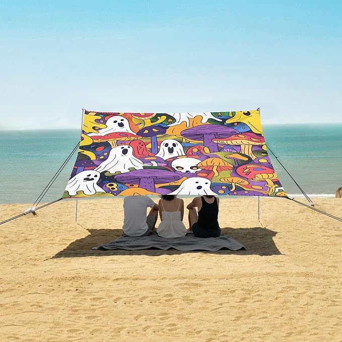 ALAZA Halloween Ghosts Mushroom Beach Tent Sun Shelter UPF50+ Protection Beach Shade Canopy w/ 4 Sandbags for Outdoor Camping Fishing Backyard Fun Picnic 10x9 ft