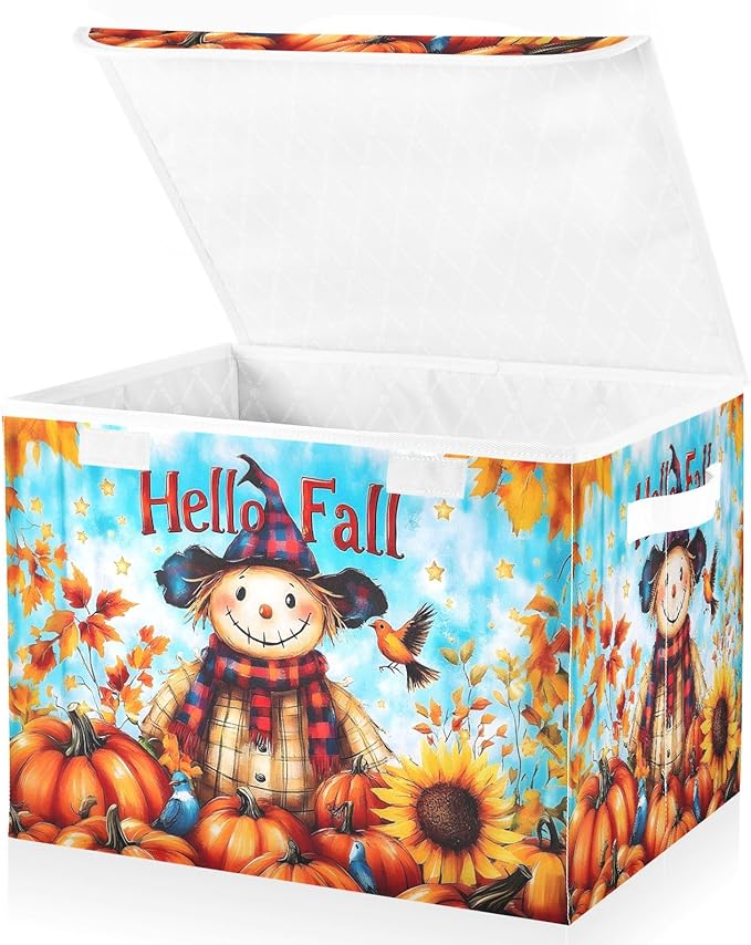 senya Large Storage Bins with Linen Words Hello Fall Collapsible Foldable Storage Cubes Fabric Closet Organizer Containers Box with Flip-Top Lid for Home Bedroom Office 16.7 x 12.6 x 11.8in