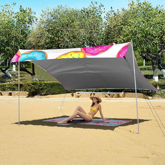 Beach Canopy with Windproof Ropes &amp Sandbags Beach Tent Sun Shade Sun Shelter for Camping Trips Fishing Backyard Fun or Picnics Donuts