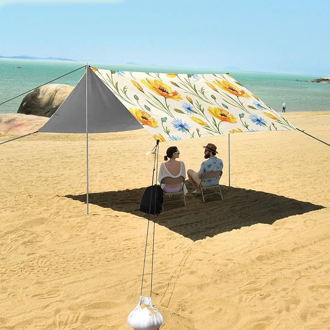 xigua Wildflowers Beach Tent Sun Shelter with Carrying Bag - Silver Coated Oxford Fabric Beach Canopy for Beach Camping Fishing - Includes Windproof Ropes Sandbags &amp Stakes
