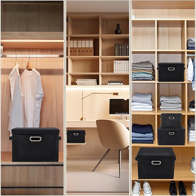 DAYARD Foldable Storage Boxes with Lids Linen Fabric Stackable Storage Bins Organizer Containers Baskets with Cover for Closet Office Nursery Black Extra Large