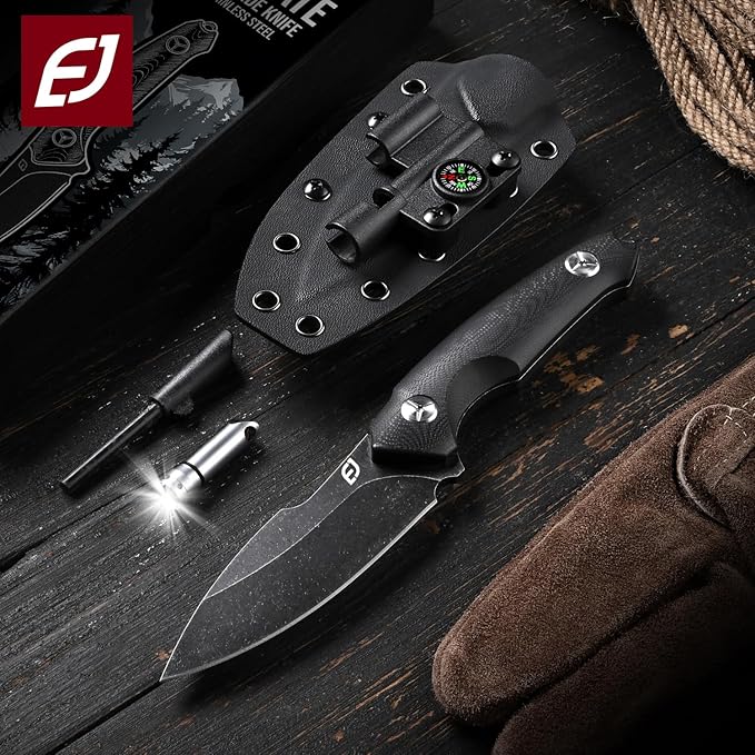 Emojoy Fixed Blade Knife with Sheath Black Stonewash Blade 4.33 Camping Knife with G10 Handle &amp Hidden Tool Full Tang Survival Knife for Camping Bushcraft - Includes Compass Whistle and Sheat