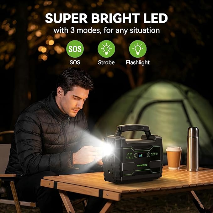 MARBERO Solar Generator 155Wh with 30W Solar Panel Portable Power Station with 2x 100W AC Outlets(Peak 150W) QC3.0 USB UL Certified for Home Blackout Camping RV Travel Ultra-Light &amp Silent Fan