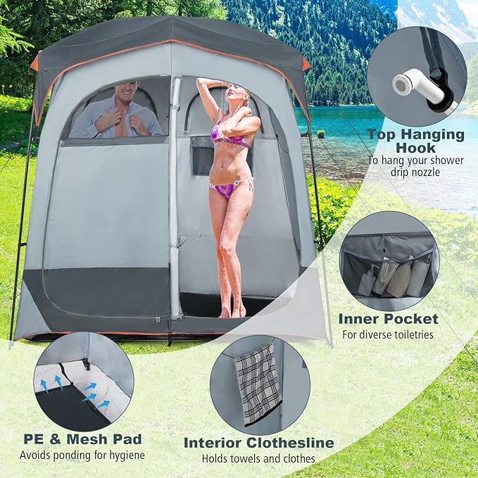 Tangkula Double Room Shower Tent Oversize Space Privacy Tent with Floor Removable Rain Fly Inside Pocket Clothesline Top Hook Portable Outdoor Changing Tent for Dressing Camping Toilet