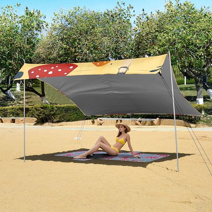 ALAZA Mushroom Green Leave Beach Tent Sun Shelter Portable Canopy Sunshade for Outdoor Camping Picnics Backyard Fun 10x9 ft