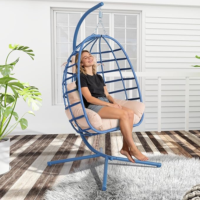 Hanging Egg Chair with Stand Outdoor Indoor Patio Rattan Swing Hammock Chairs with Washable Cushion 350lbs Capacity PE Wicker Swing Chair for Backyard Bedroom Garden (Blue + Beige Cushion)