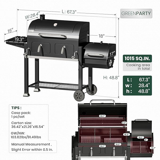 30 Inch Barrel Charcoal Grill and Offset Smoker 1015 sq. in. Cooking Area Outdoor BBQ Grill Perfect for Outdoor Cooking Barbecue Patio Garden Backyard Party