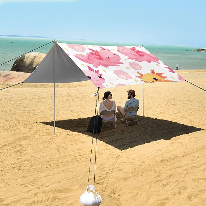 ALAZA Cute Axolotl Salamander Shell Beach Tent Sun Shelter UPF50+ Protection Beach Shade Canopy w/ 4 Sandbags for Outdoor Camping Fishing Backyard Fun Picnic 10x9 ft