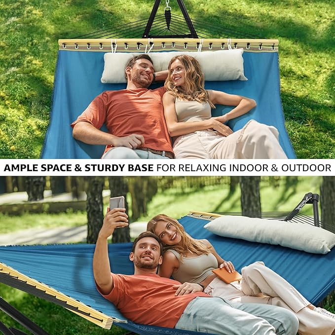 Tranquillo Unity Adjustable Hammock Stand 800 lbs Capacity Steel Double Hammock Stand for 2 Persons Premium Pre-Assembled Stand for Indoor Outdoor Blue