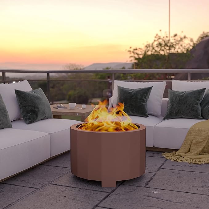 Flash Furniture Titus Commercial Grade Wood Burning Smokeless Outdoor Firepit - Bronze Finish - 27 inches - Portable - Waterproof Cover