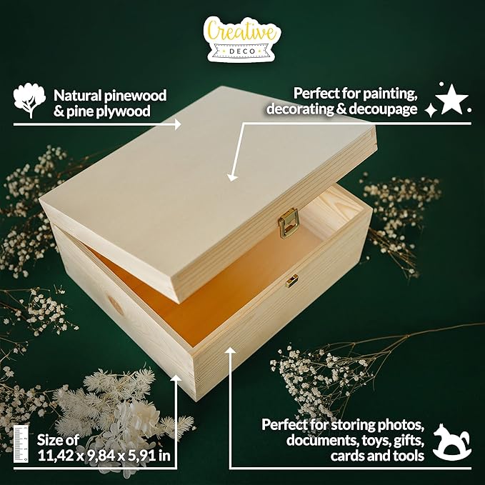 Creative Deco Wooden Storage Box Unpainted Plain | 11.41 x 9.84 x 5.51 in | Golden Latch &amp Lid | Perfect for Storing Valuables &amp Small Items in the Office or Bedroom | Keepsake Memory Trinket