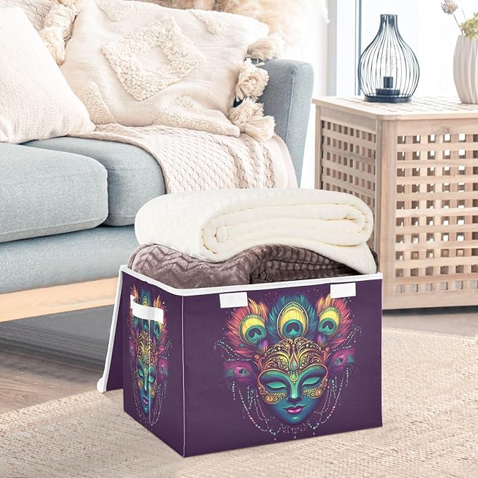 Mardi Gras Storage Baskets with Lids Carnival Mask Collapsible Bins Stackable Fabric Linen Baskets Closet Organizer Container 16.5x12.6x11.8