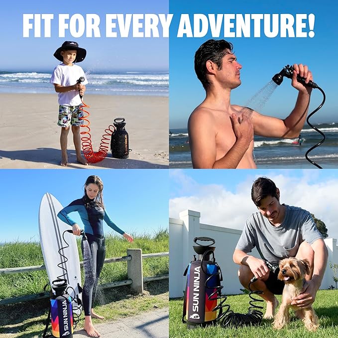 SUN NINJA Portable Shower and Bucket Hat Bundle with Multi-Spray Shower Head Neoprene Cover UPF 50+ Reversible Sun Hat Shoulder Strap - Outdoor Camping Beach Hiking &amp Sun Protection