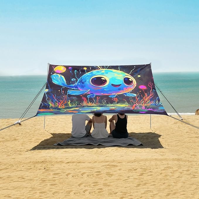 Cute Blue Tang1 Beach Cabana UPF50 Easy Setup Shade Sun Shelter with Sandbags &amp Sand Shovel for Camping Picnics Backyard