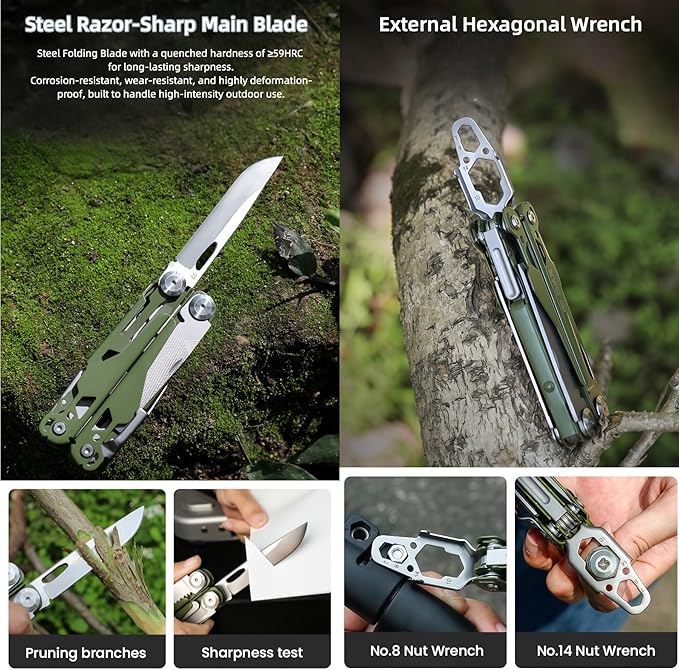Multitools 19-in-1 Full-Size Lightweight EDC Multi-Purpose Pliers Nylon Bag Folding Knife Tactical Gear Tools Men Gift Ideas Equipment for Emergencies Hiking and Outdoor Camping (Green)
