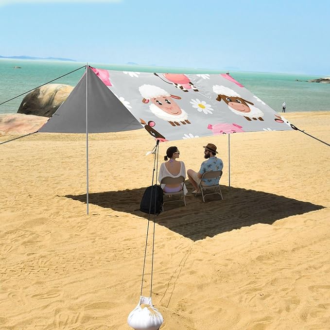 Cartoon Cows and Sheep Beach Canopy Sun Shelter with Sandbags &amp Sand Shovel &amp Windproof Ropes - Portable 110x126 Beach Shade Beach Tent for Camping Picnics